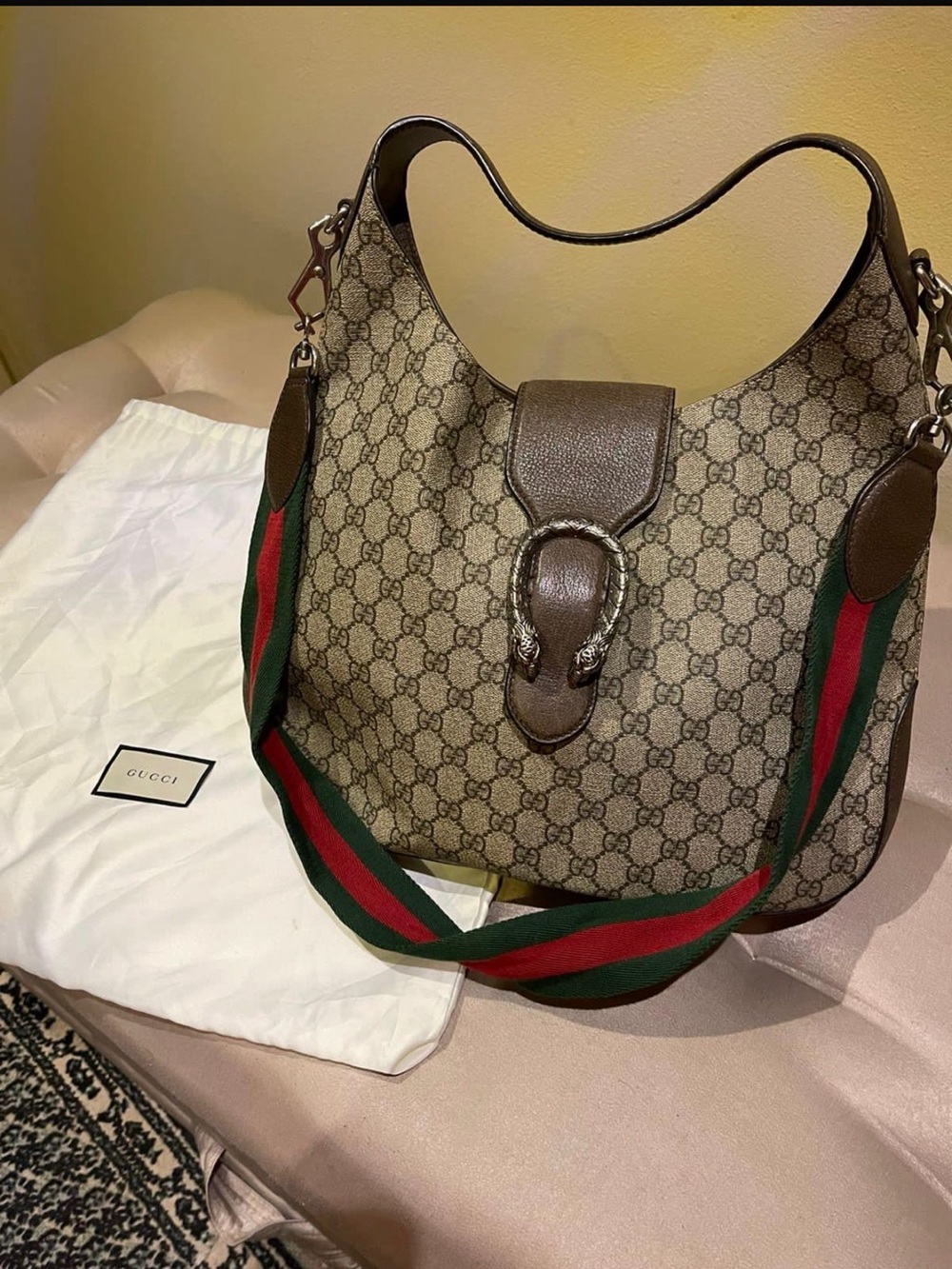 Gucci Beige Brown GG Supreme Shoulder Bag with Green-Red Web Strap